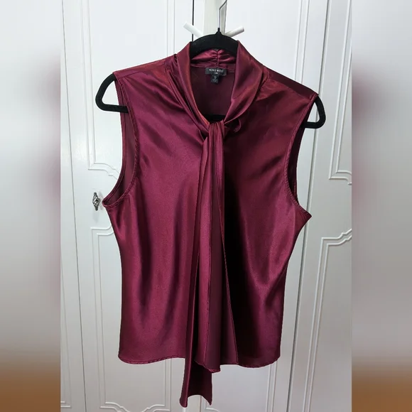 Nine West Burgundy Tie Front Satin Blouse 100% Polyester Sz 12 - Picture 3 of 7